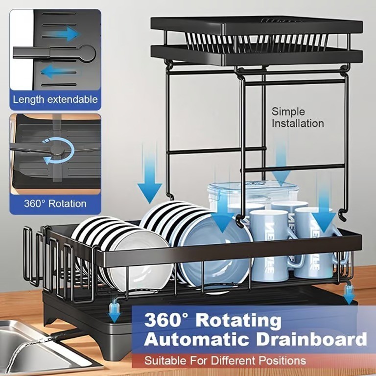 2 Level Over Sink Drying Rack Dish Drainer with Cutlery Holder Stainless Steel gallery
