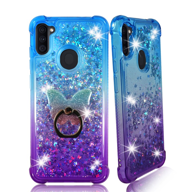 For Samsung Galaxy A11, Liquid Glitter Bling Clear Protective Case Ring Stand