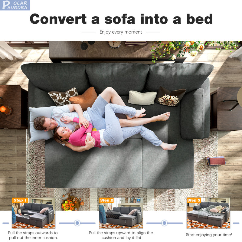 Linen Sleeper Sofa Bed,Pull OutCouch Bed with Storage Chaise gallery