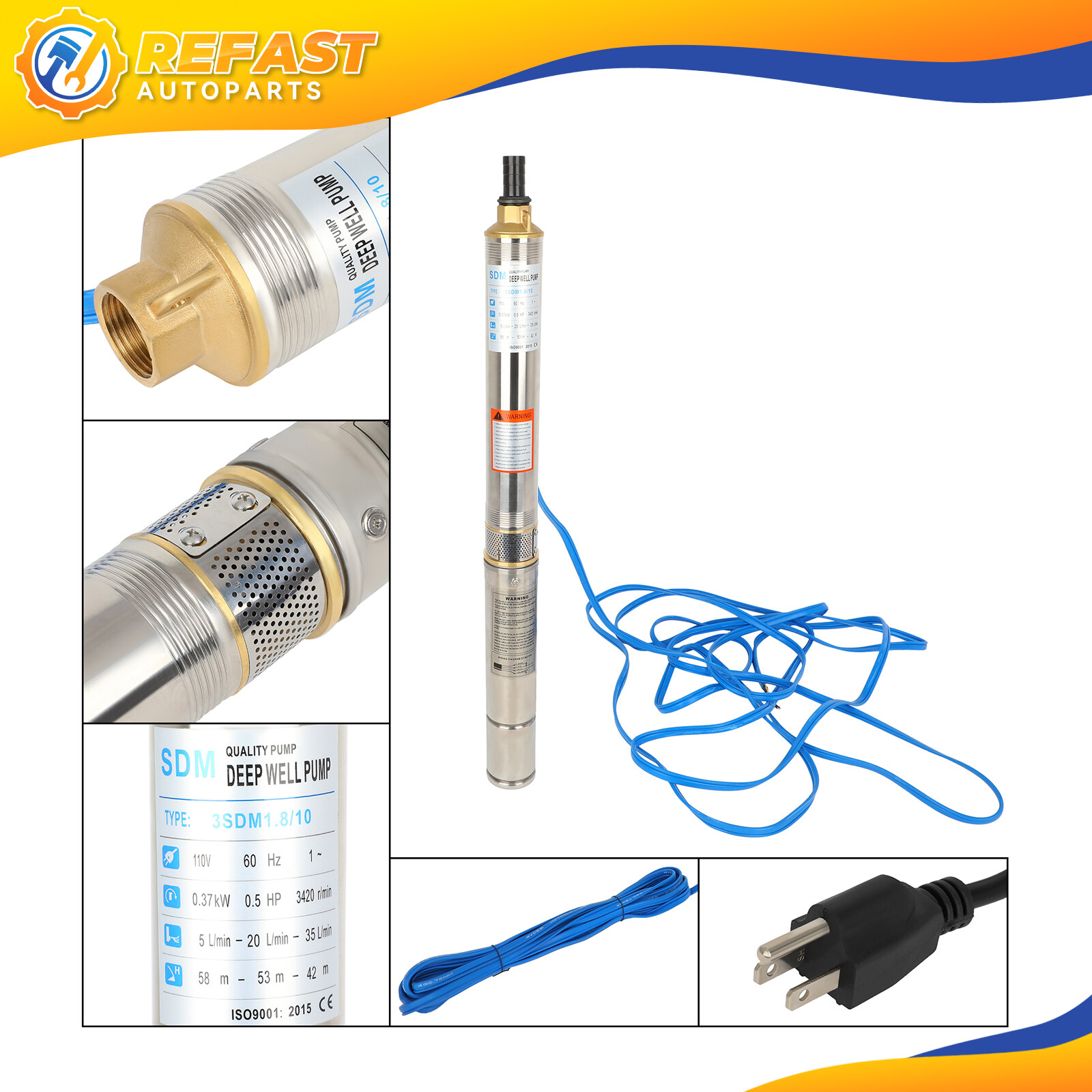 1 Inch 1/2HP Deep Well Pump Submersible Water Pump 110V/60Hz 370W 16GPM 95psi gallery