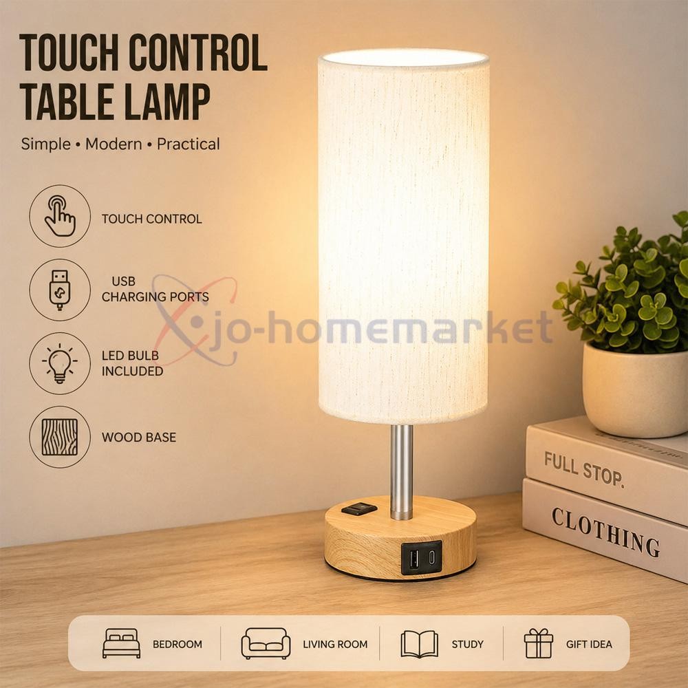 3 Way Touch Bedside Table Lamp USB C AC Outlet Wood Base LED Bedroom Light Shade gallery