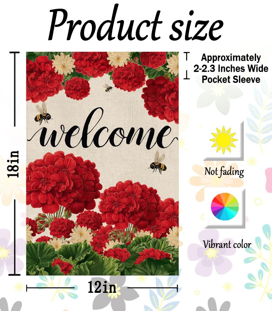 Spring Summer Geranium Welcome Garden Flag 12x18 Inch Red Outdoor Yard Decor gallery