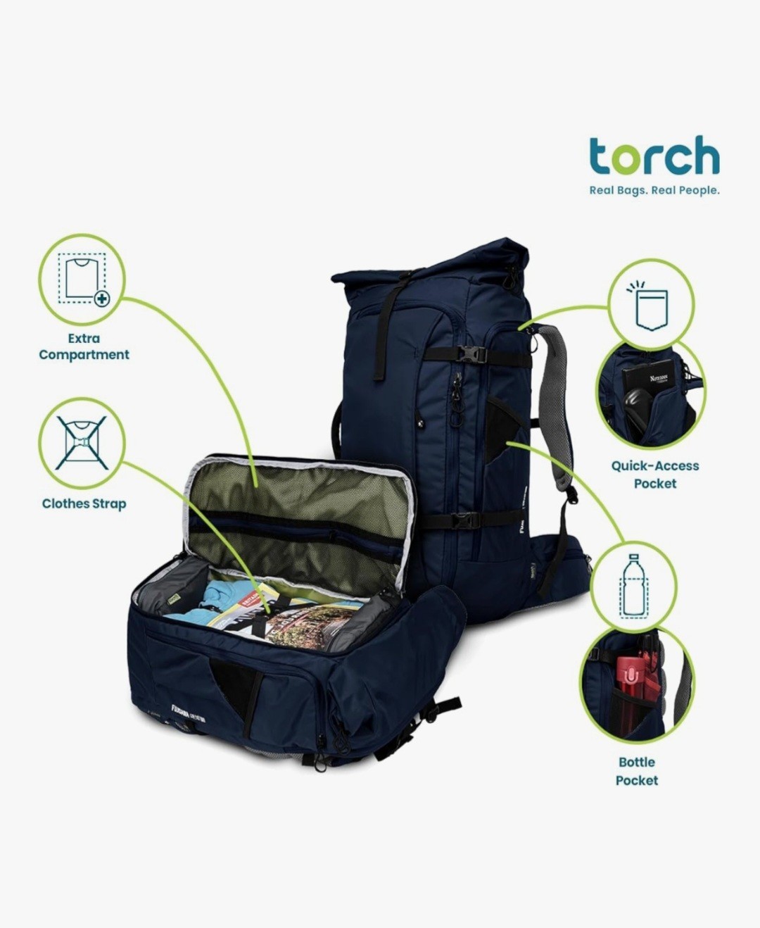 Torch 45L Black Travel Hiking Backpack 2
