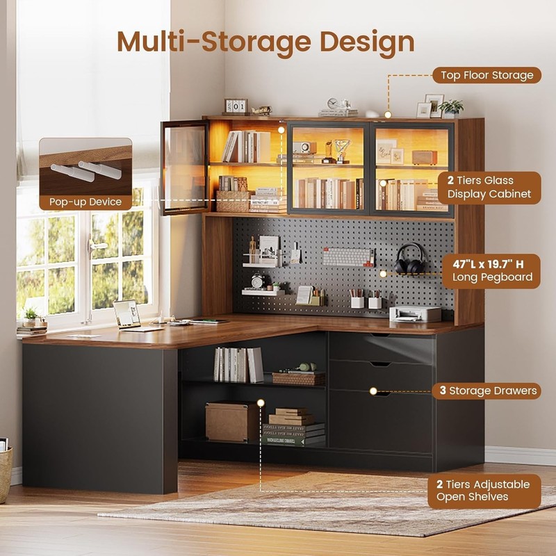 L Shaped Office Desk, Corner Computer Desk with 3 Drawers, Bookshelf & LED Light gallery