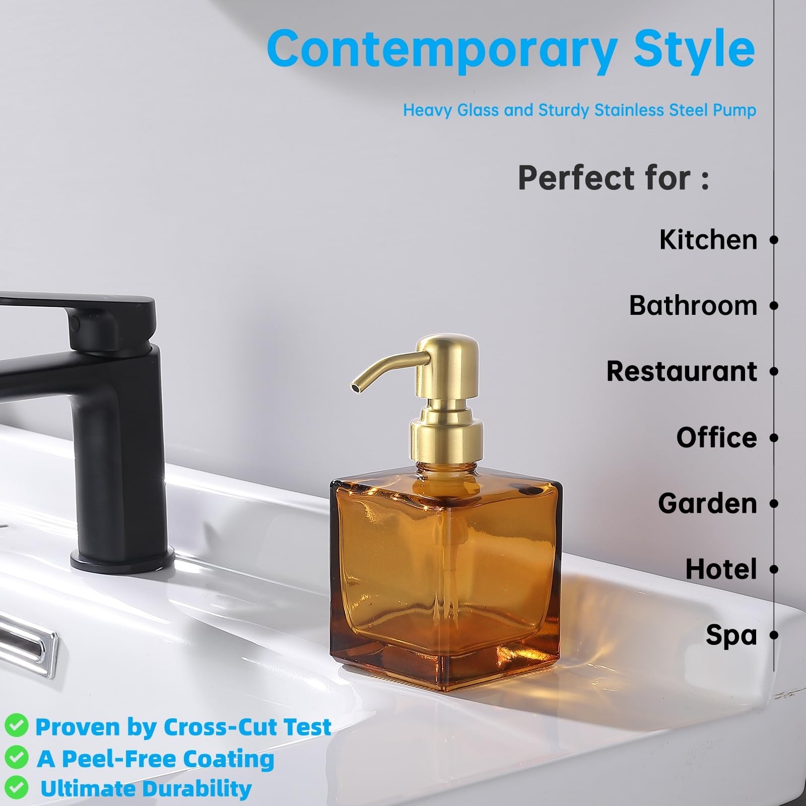 Square Bathroom Soap Dispenser Amber Bottle with Brushed Gold Pump, Retangle ... gallery
