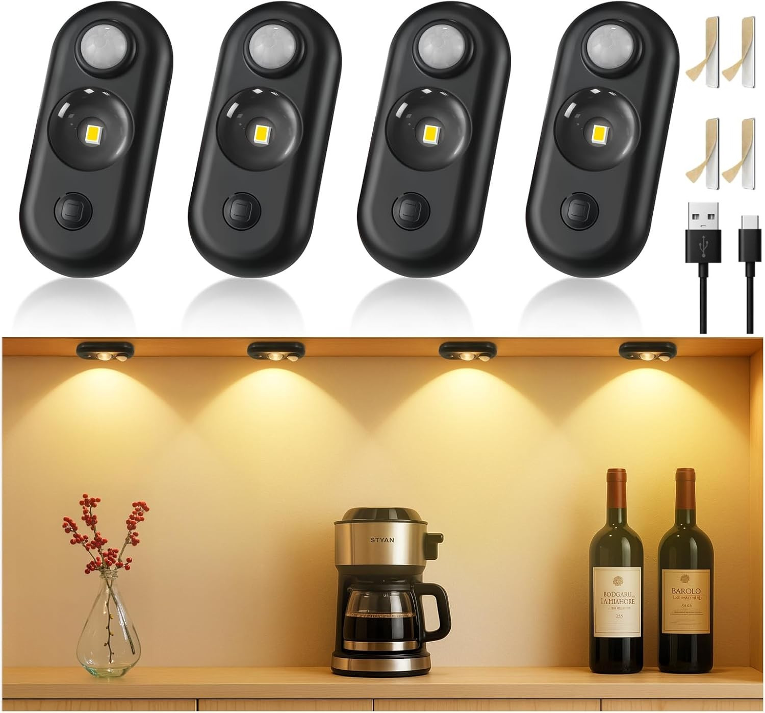 4 Pack LED Motion Sensor Puck Lights Rechargeable Under Cabinet Dimmable Lights gallery