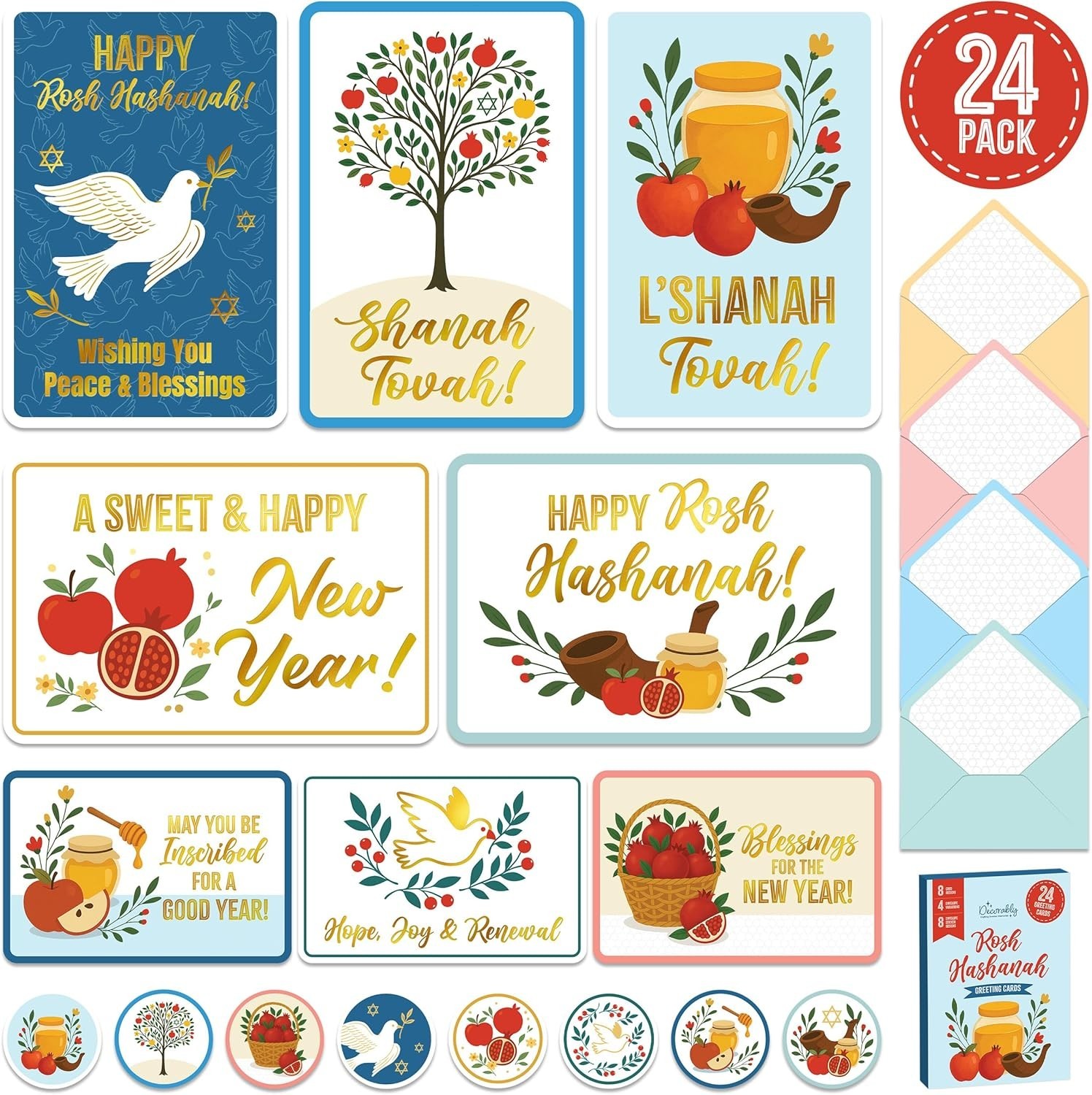 24 Pack Gold Foiled 4X6In Rosh Hashanah Cards with Envelopes and Stickers, 8 Ele gallery