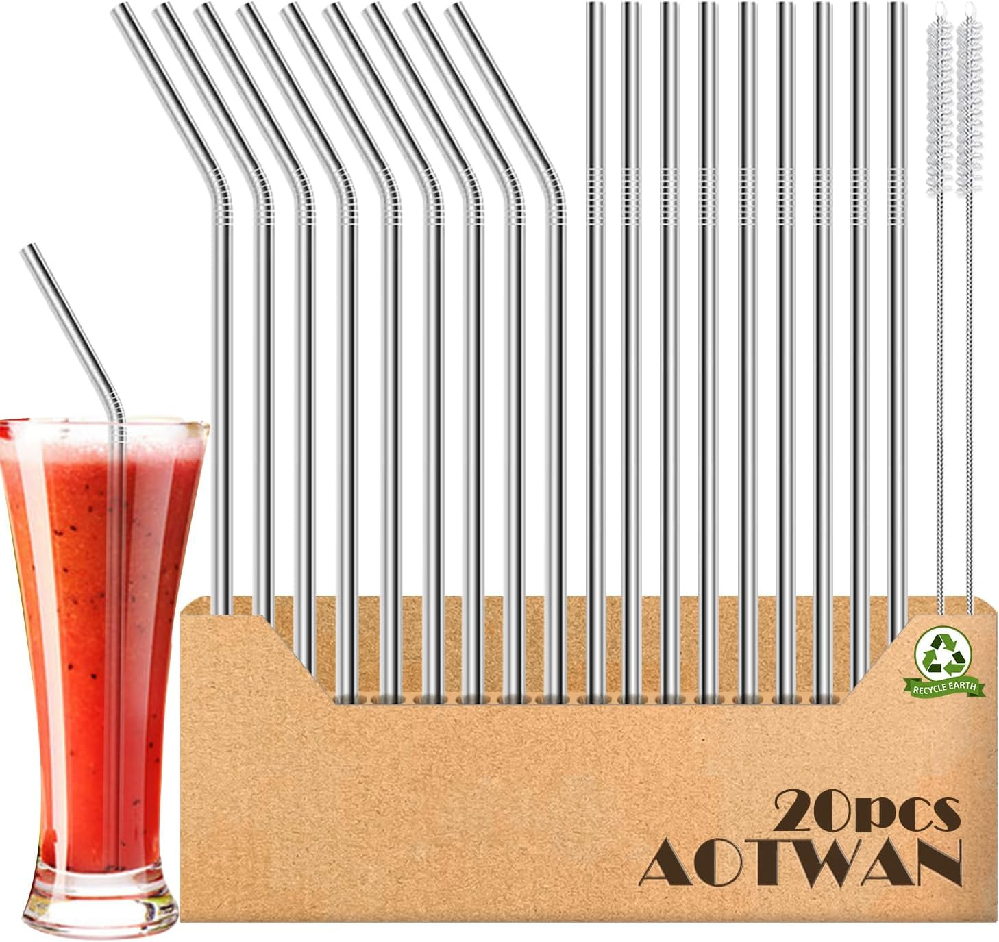 20-Pack Reusable Stainless Steel Metal Straws, 9 Straight + 9 Bent 8.5'' Metal S gallery