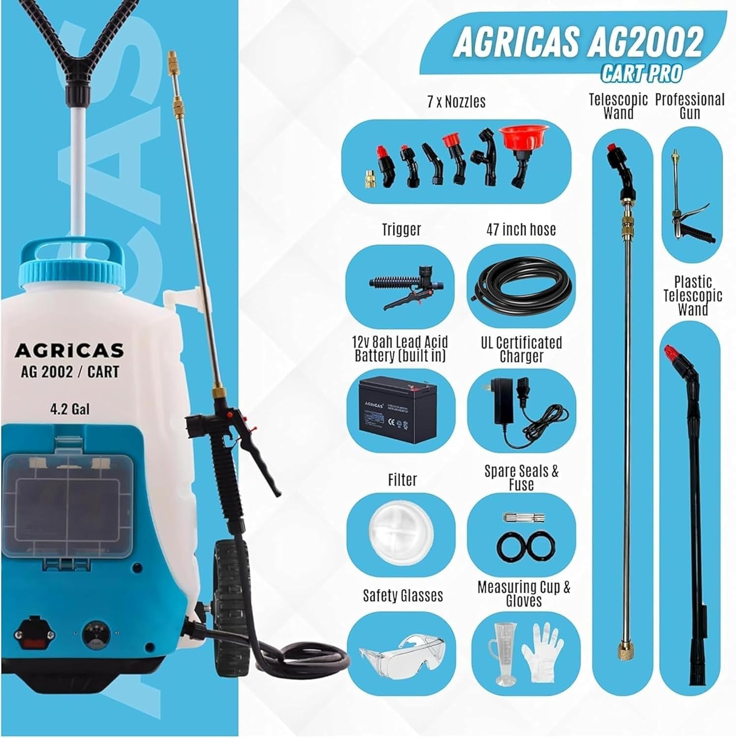 AGRICAS 4.2 Gallon Battery Powered with cart,Backpack Sprayer for Lawn & Garden gallery