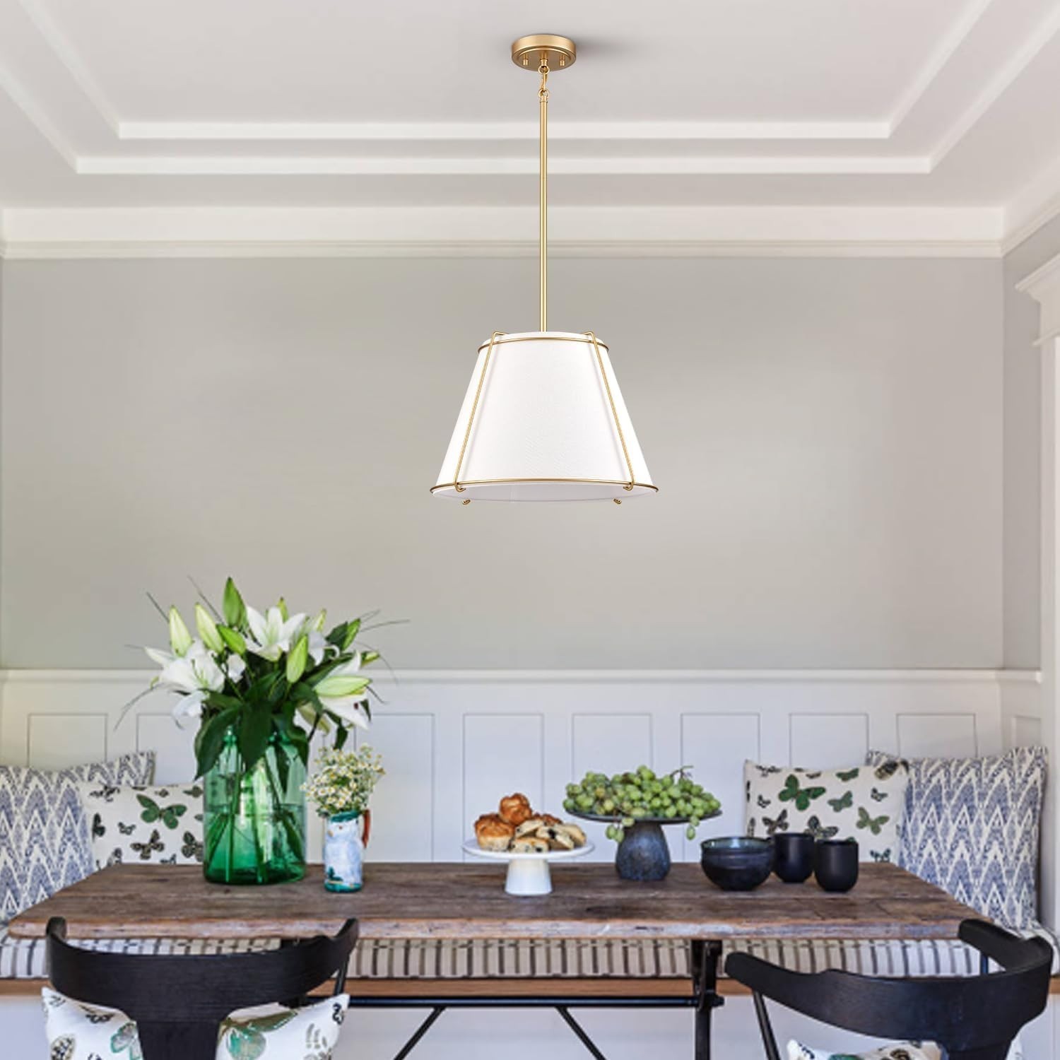Cone Pendant Light Fixture with Metal Lantern Fabric Drum Shade Gold Chandelier gallery