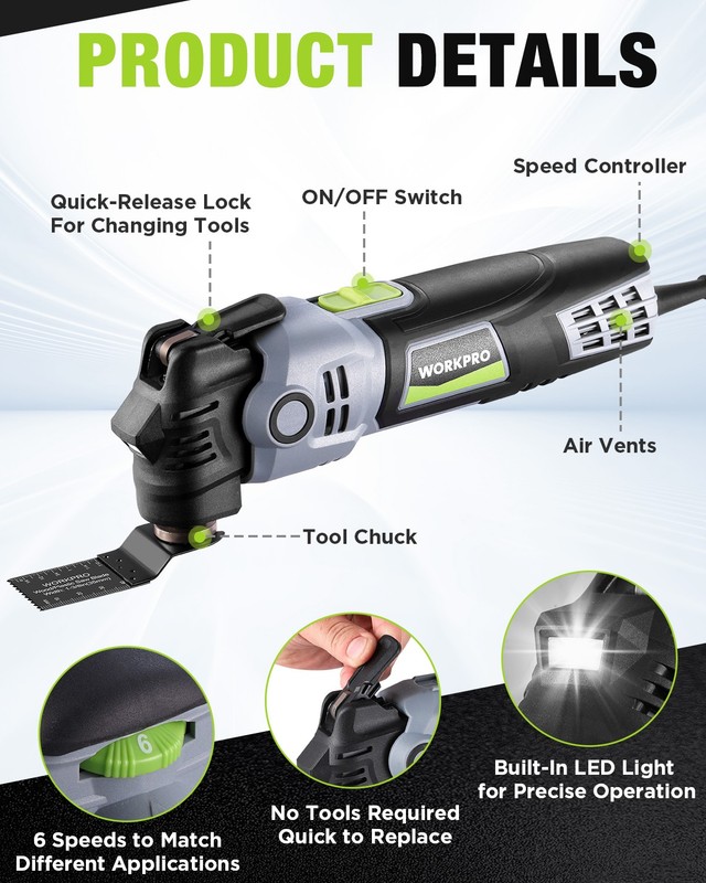 WORKPRO 400W Oscillating Multi-Tool Power Saw Adjustable 6-Speed Control gallery