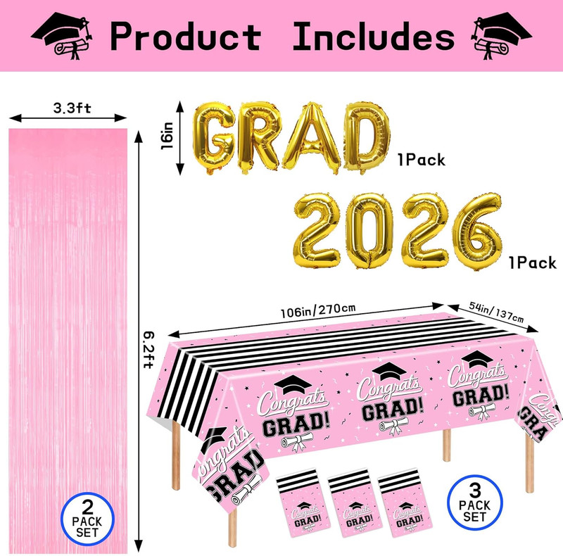 7-Pack Graduation Party Decorations Set, 3 Pink Graduation Tablecloths 54X108In, gallery