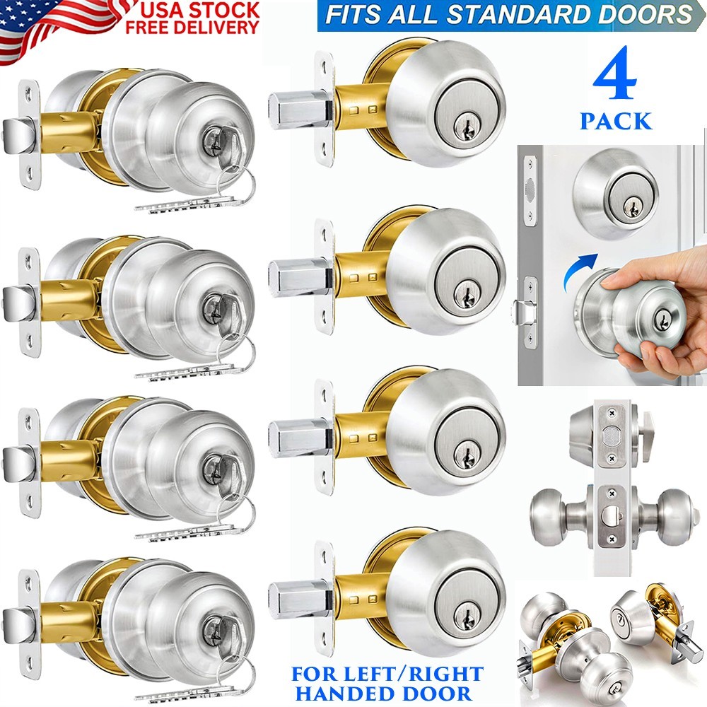 4 PACK KEYED ALIKE DOOR KNOBS LOCK DEADBOLT HEAVY DUTY EXTERIOR ROUND HANDLE SET