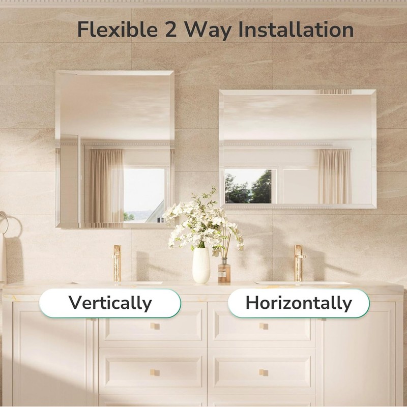 Rectangle Wall Mirror Frameless for Bathroom with Safety Hanger 1" Beveled Edge gallery
