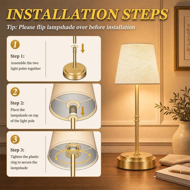 Rechargeable Cordless Table Lamp Gold - 1 Pack Brass 7500mAh Battery Operated La gallery