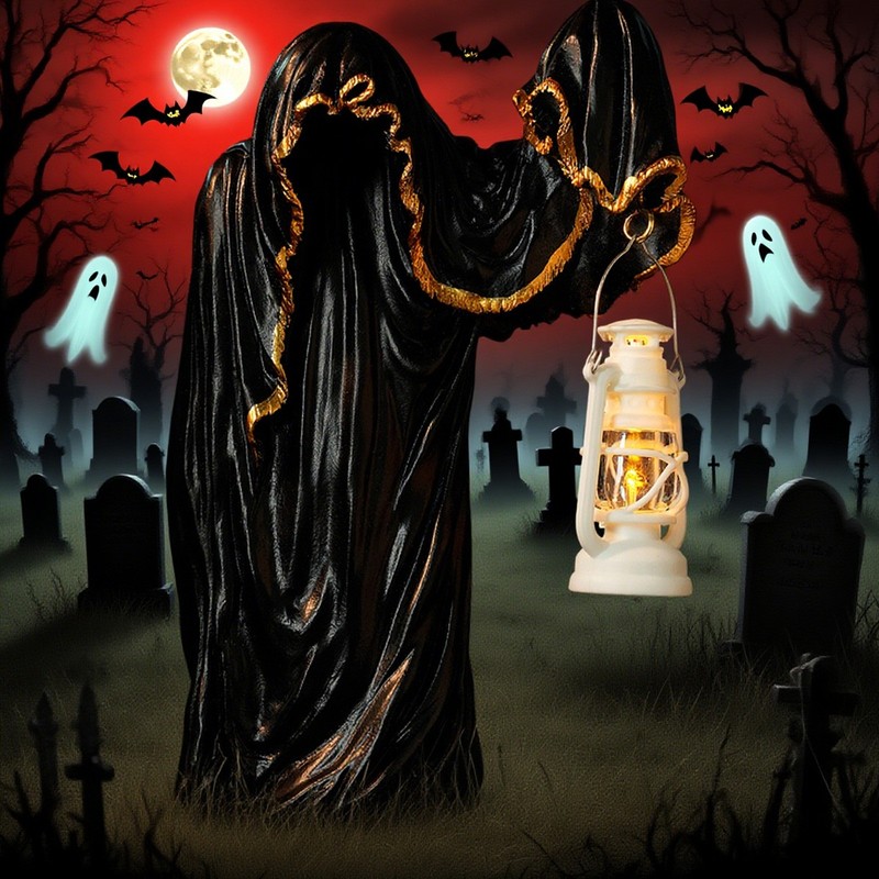 Halloween Cracker Barrel Ghost Witch Messenger w/ Lantern Ghost Statue Ornament gallery