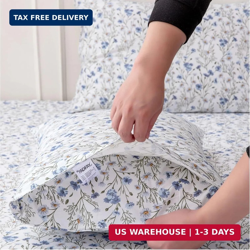 FADFAY 100% Cotton Percale Sheet Set California King - Blue Meadow Floral Beddin gallery