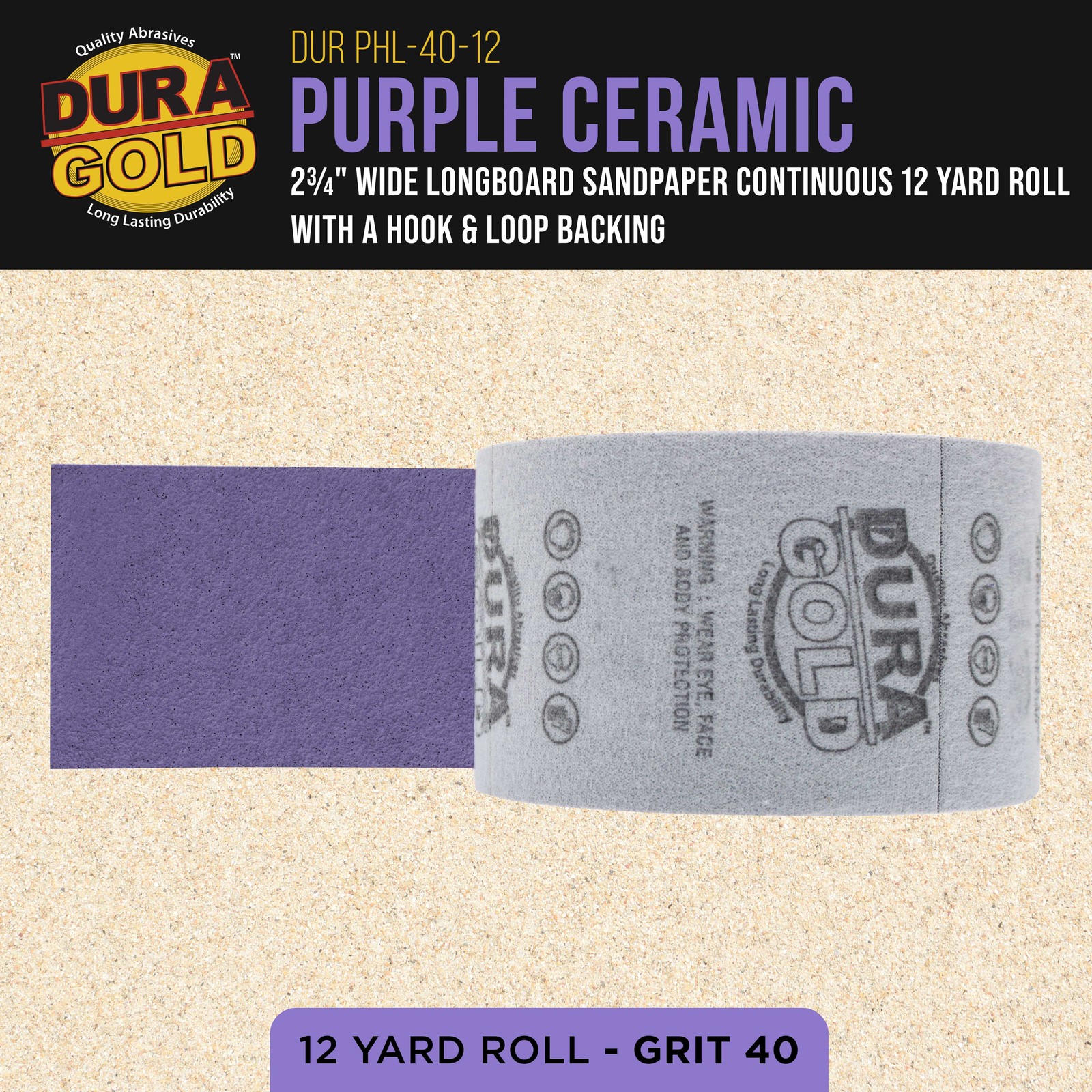 40 Grit Purple Ceramic 2.75" x 12 Yard Roll Hook and Loop Longboard Sandpaper gallery