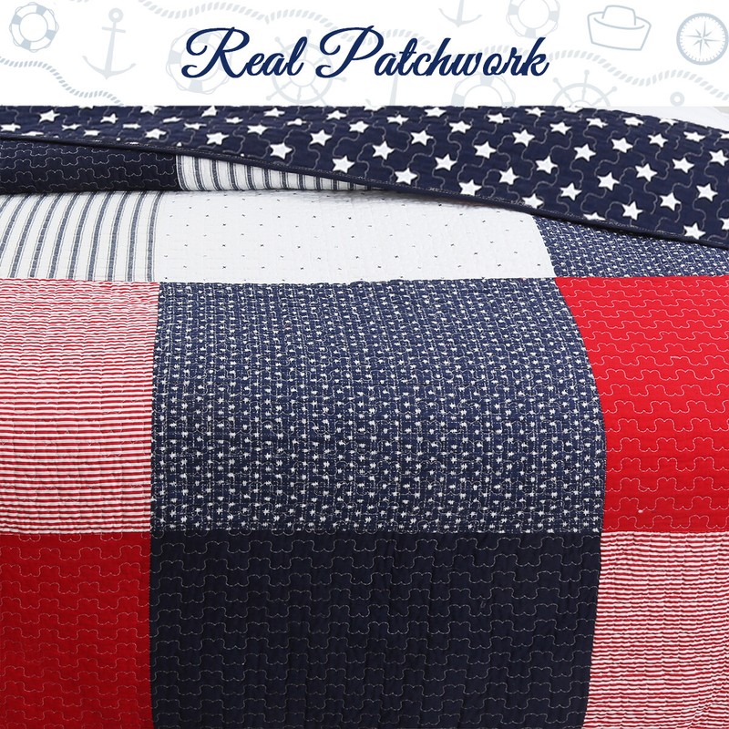 Patriotic Patchwork Plaid Red White Blue Cotton Quilt Bedding Set gallery