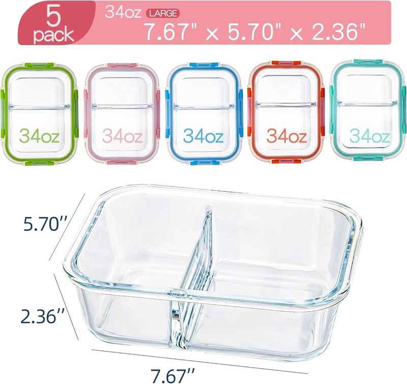 Glass Meal Prep Containers 2 Compartment with Lids (5 Pack 34oz) Divided Storage gallery