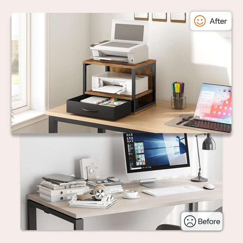 2-Tier Desktop Printer Stand with Drawer, Under-Desk Printer Table with Storage gallery