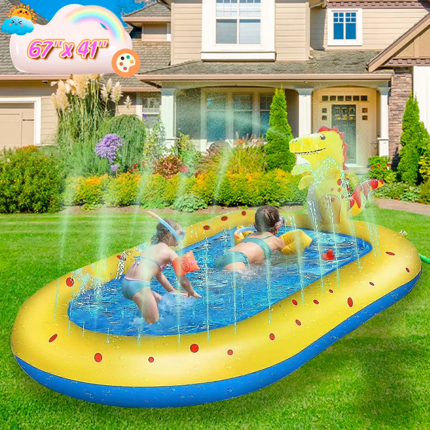 Pool Inflatable, 67'' X 41'' X 26'' Sprinkler Swimming Pool, Spray Kiddie Pool, gallery