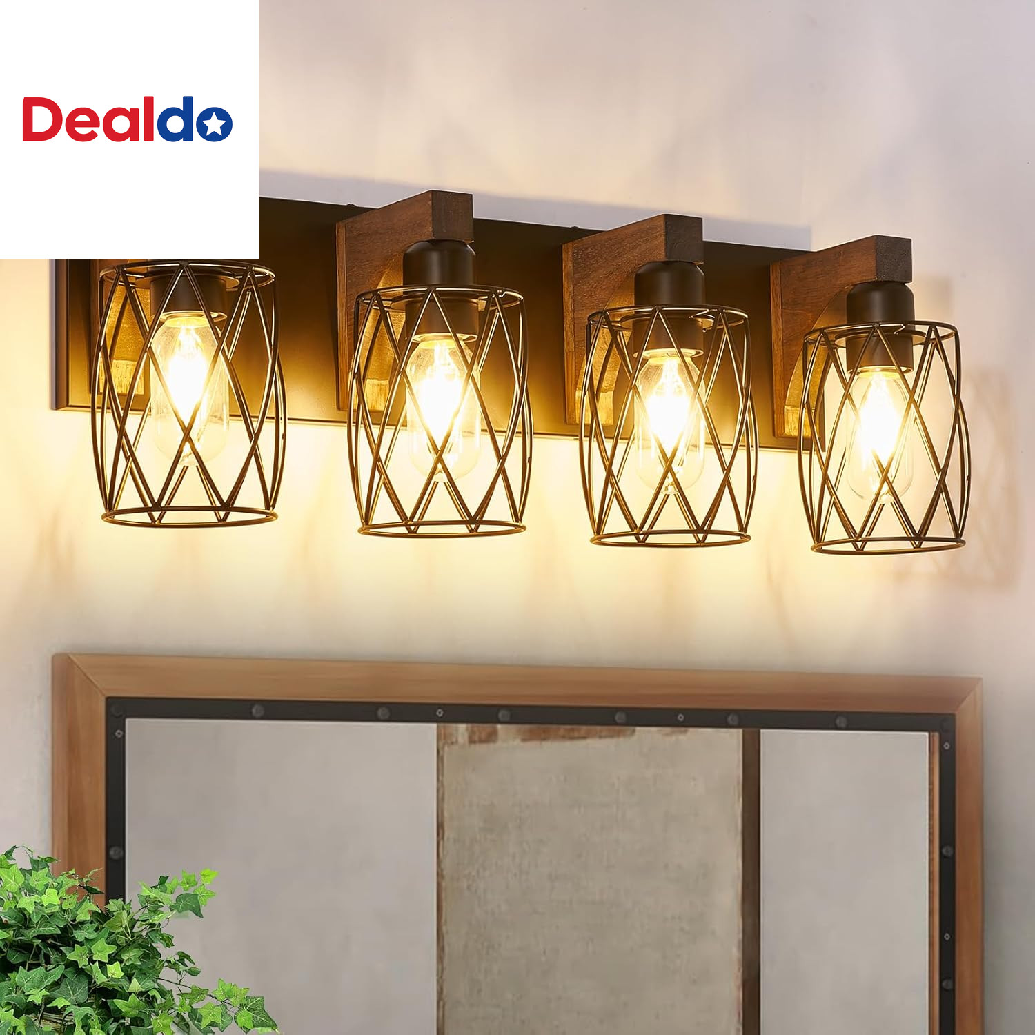 4-Light Farmhouse Bathroom Vanity Light, Wood Bathroom Lighting Fixtures over Mi gallery