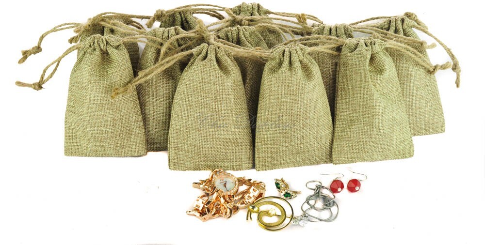 Natural Burlap Small Bags Drawstring Bags 12 pc HIGH Quality Bags 2 3/4"W x 3"H gallery