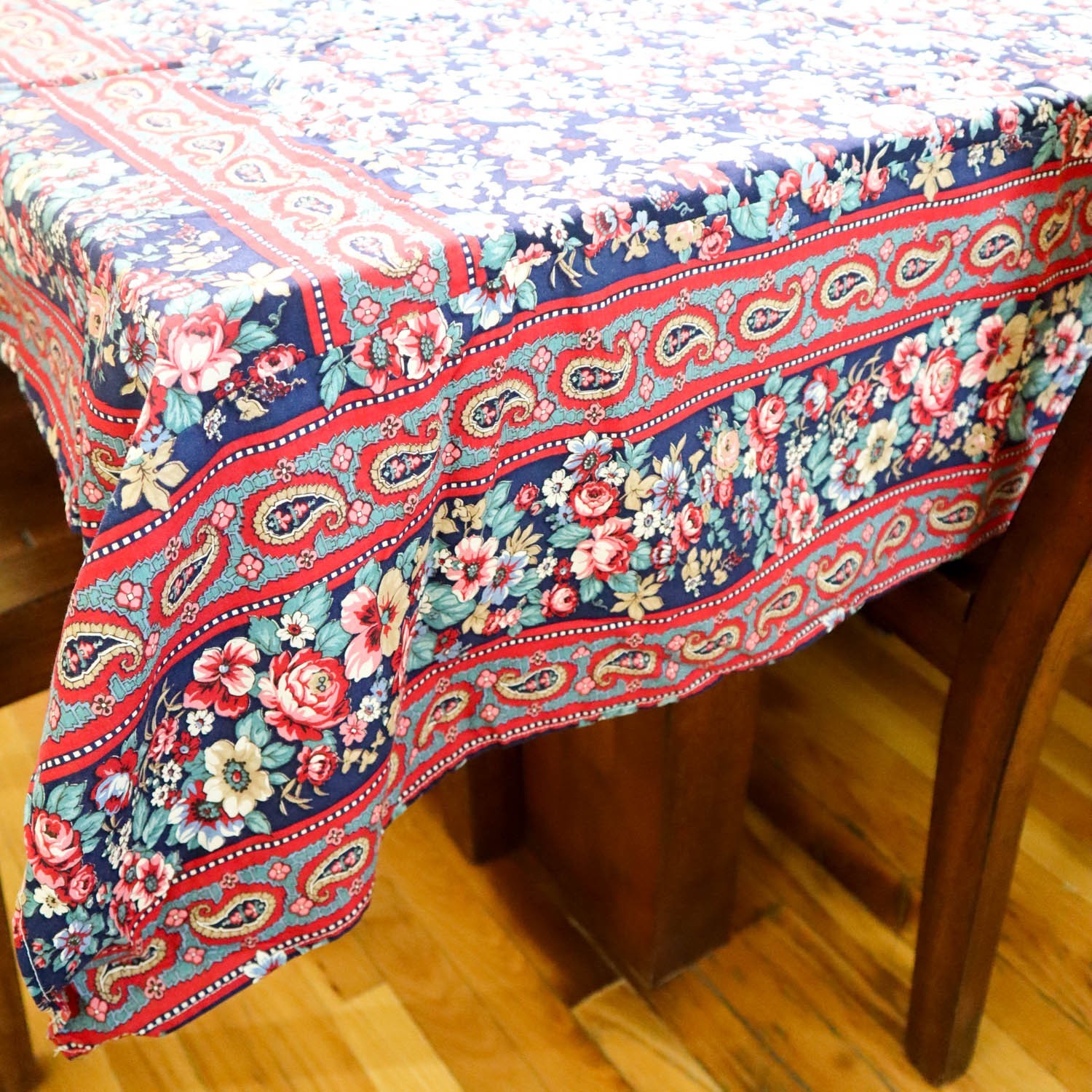 Large Floral & Paisly Rectangle Tablecloth Cotton Blues & Pinks 100"x62" Cottage gallery