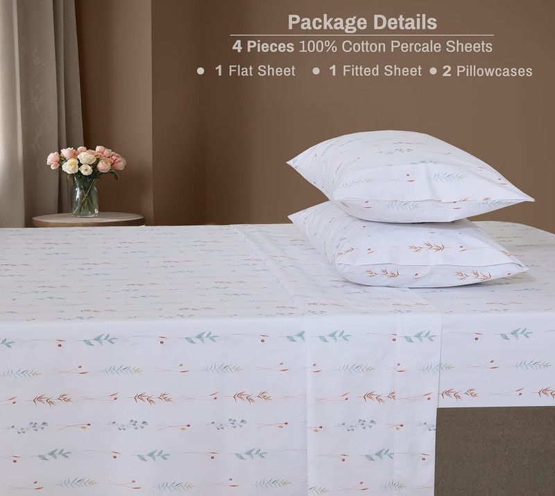 Queen Size 100% Cotton Percale Sheets Set - Cooling, Breathable Floral Design gallery