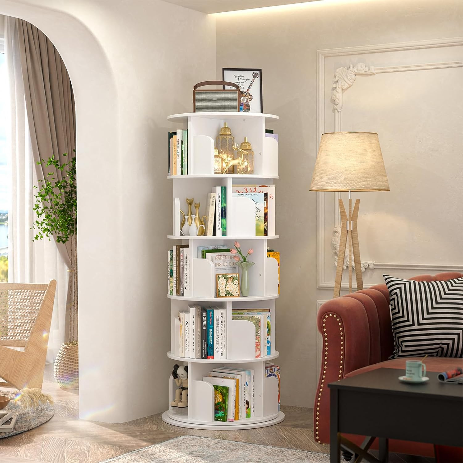 Rotating Bookshelf, 360 Display Wood Spinning Bookshelf Tower, 5 Tier Floor Stan gallery