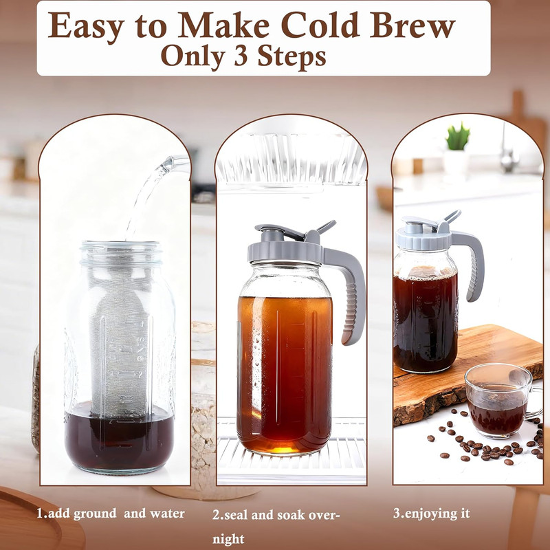 64 OZ Cold Brew Coffee Maker 2 Quart Mason Jar Glass Iced Tea Pitcher with Stain gallery