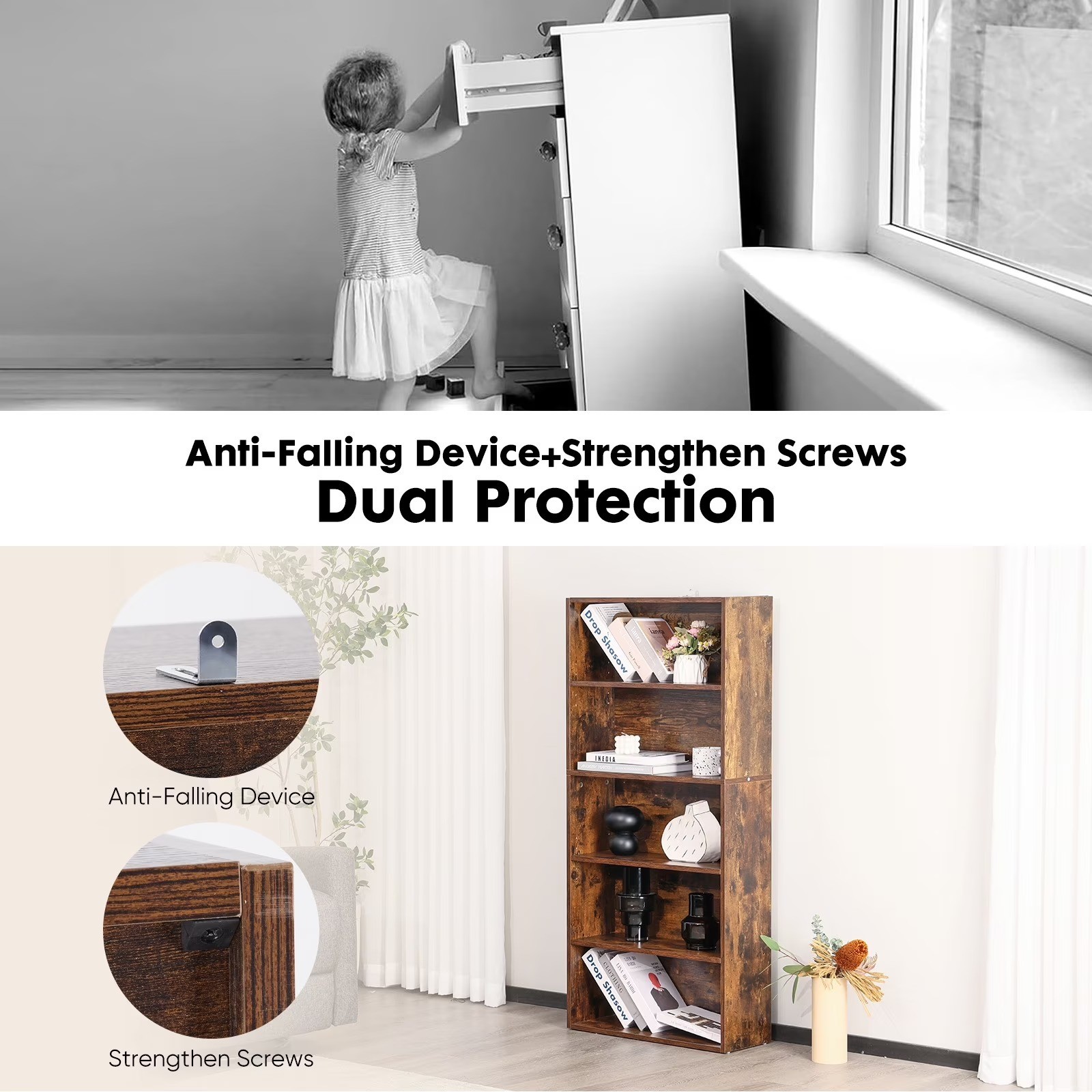 5-Tier Bookcase 53in Adjustable Shelves Anti-Tip Floor Standing Rustic Brown New gallery