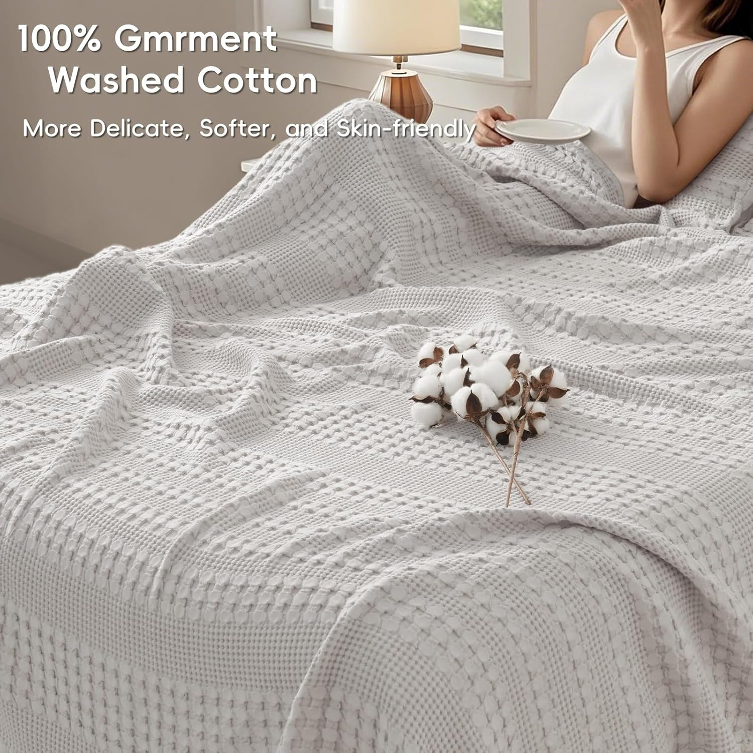 Light Grey 100% Cotton Waffle Weave Queen Blanket - Soft & Cozy Home Decor gallery