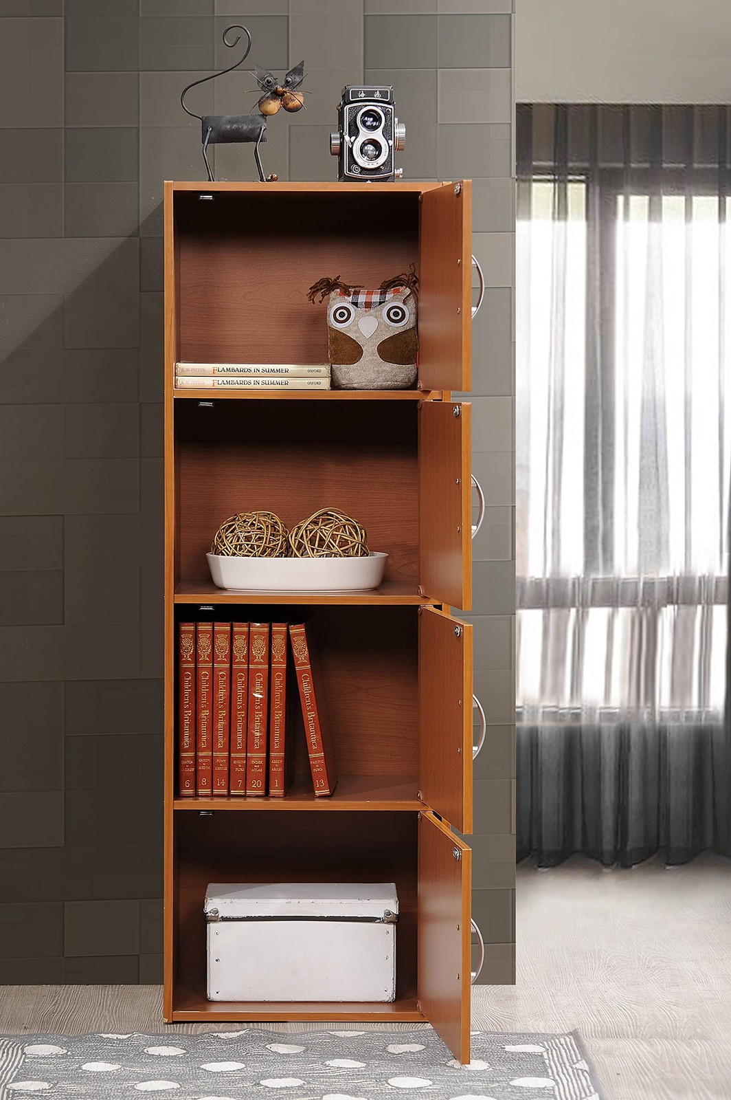 HODEDAH IMPORT 4-Shelf Bookcase Cabinet, Cherry gallery
