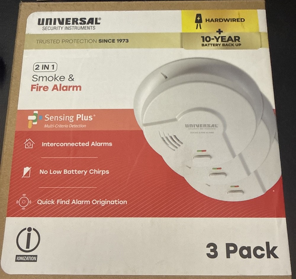 Universal Security 3 Pack Hardwired Smoke Detector W/ Ionization Sensor