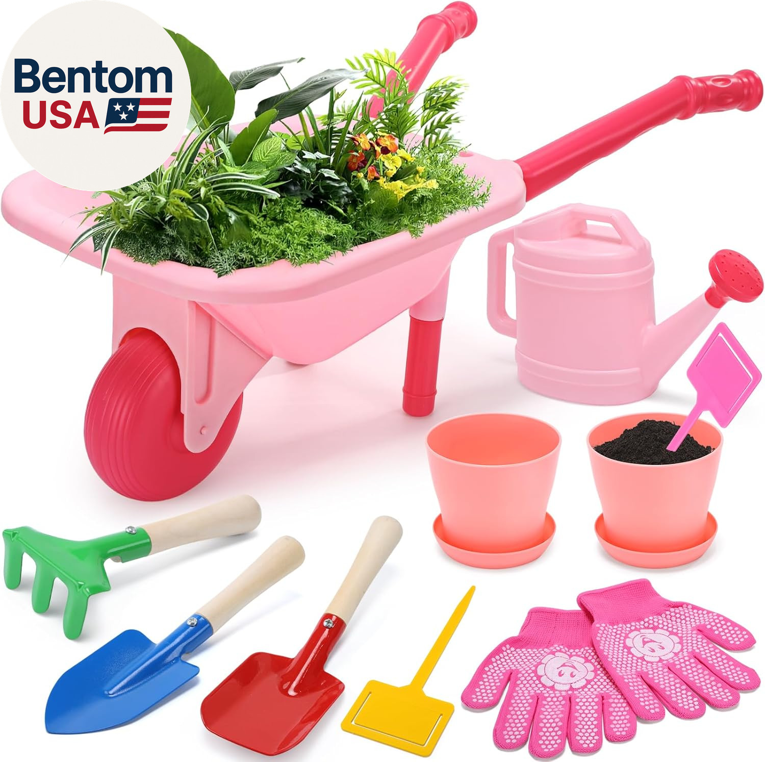 Kids Gardening Tool Set, Pink Wheelbarrow with Garden Toys with Watering Can, Gl gallery