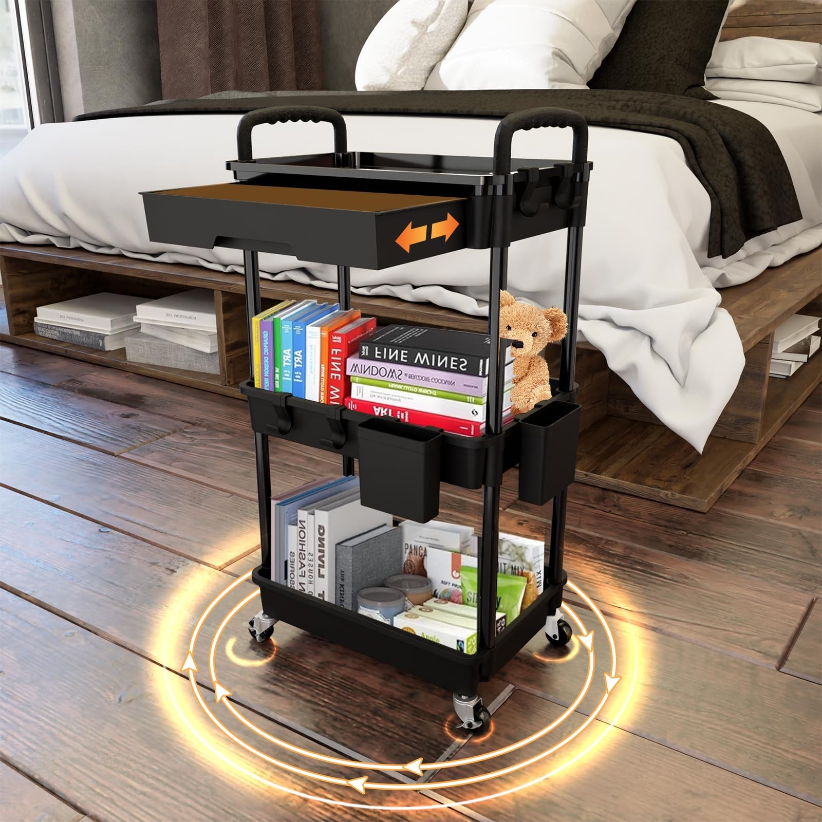 3 Tier Rolling Utility Cart with Drawer Multifunctional Storage Organizer Black gallery