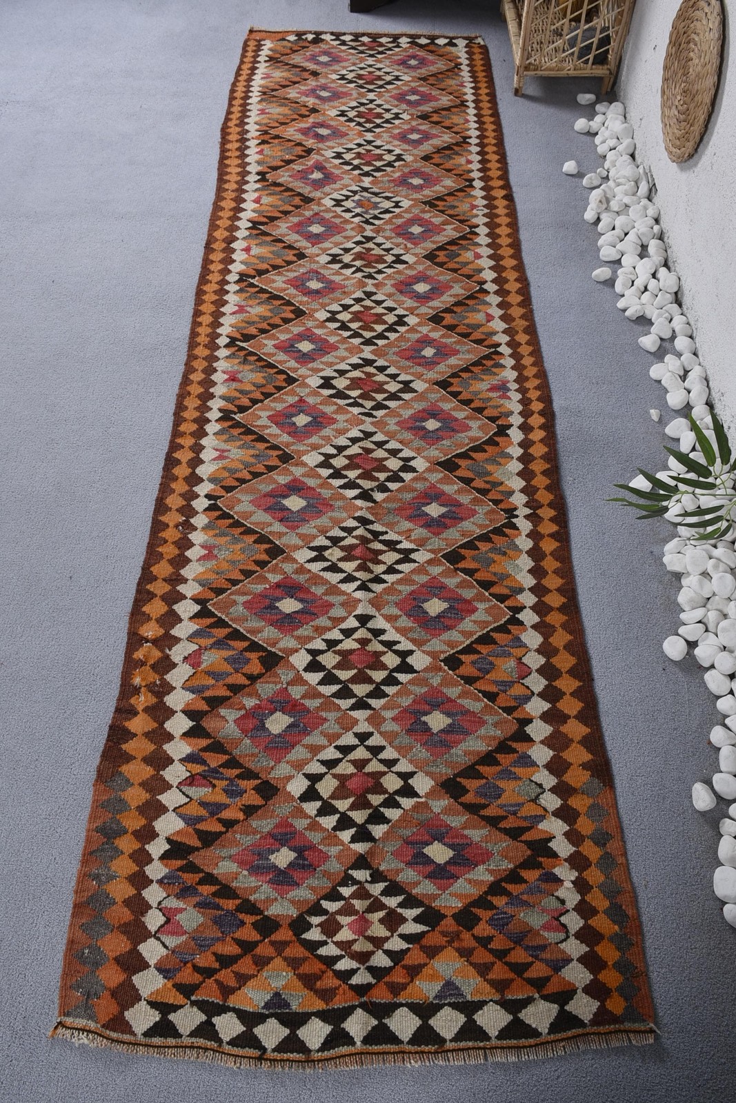 Vintage Runner Rug 2,6x9,4 ft, Turkish Kilim Brown Abstract Wool Rug gallery