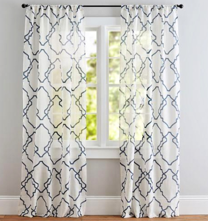 Pottery Barn Set/2 Trisha Geo Sheer Linen Drape50x84 Blue/White Pole Top Coastal gallery