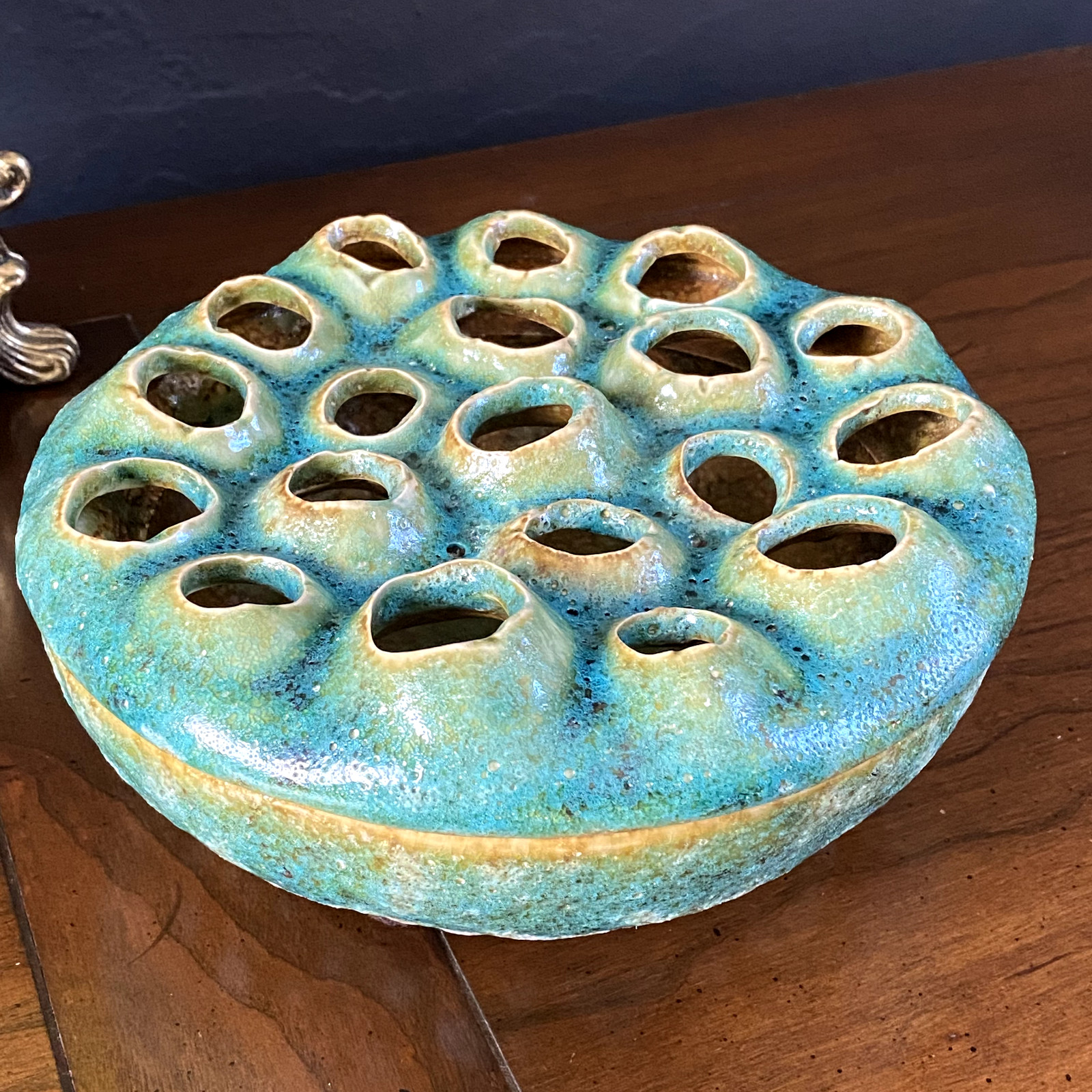 Art Pottery Turquoise-colored Creative Co-Op Lotus Vase Flower Frog Bowl gallery