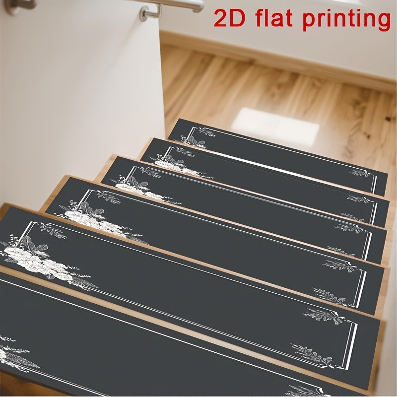 Black and Gray Minimalist Floral Pattern Stair Treads, Non-slip Step Pads + Pr gallery