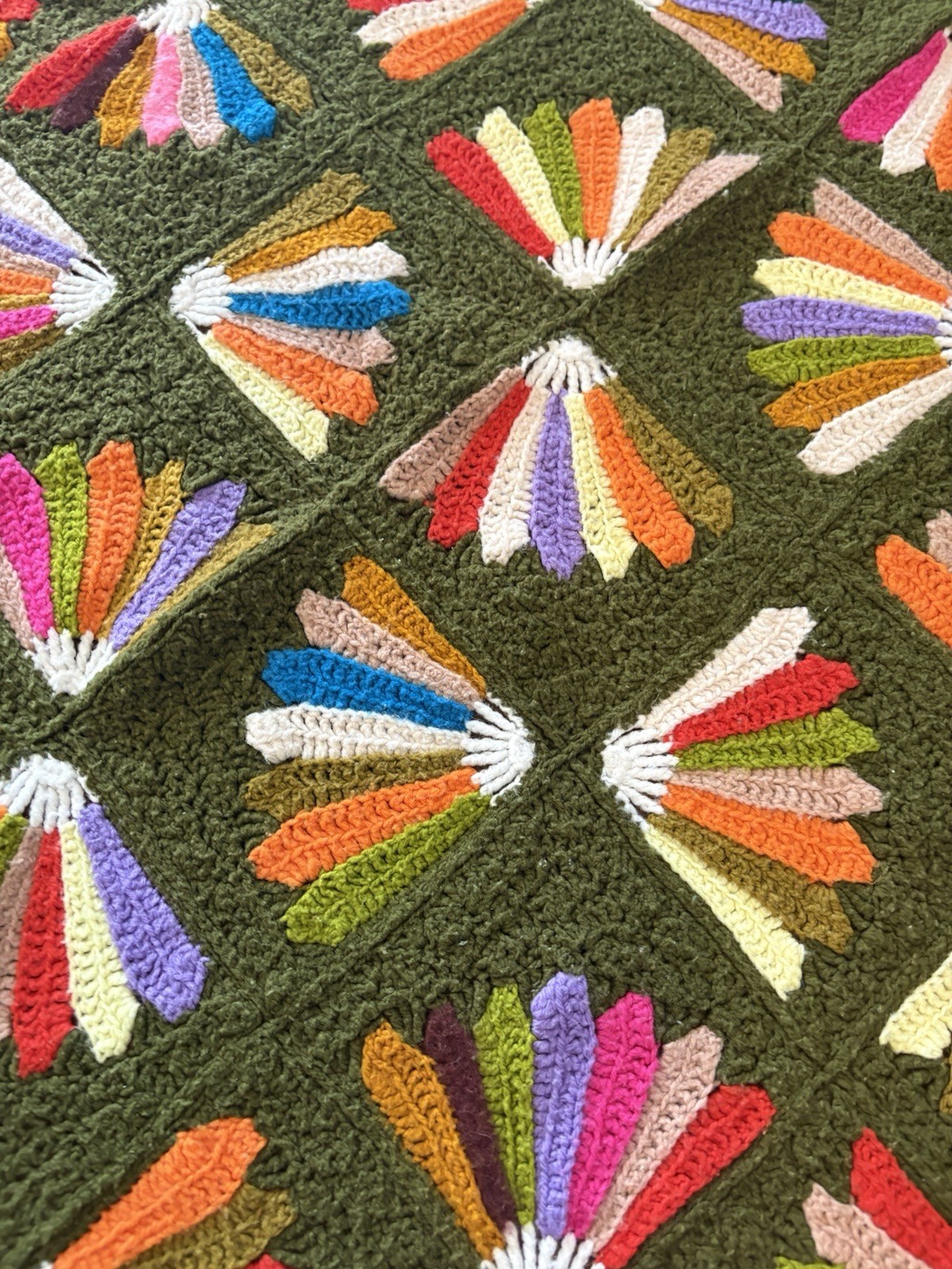 Vtg Handmade Granny Square Crochet Afghan Cottage Core Avocado Green 39" x 60" gallery