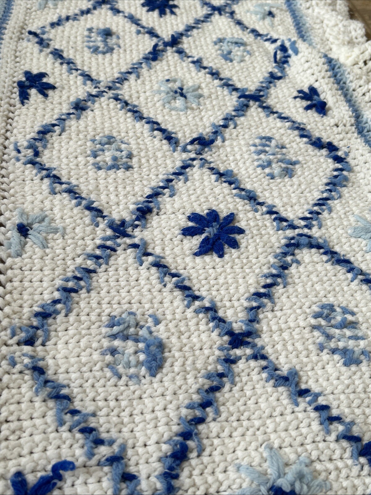 GrannyCore Blanket Throw 41 x 49” White Blues Flowers Baby Crochet Knit Diamonds gallery
