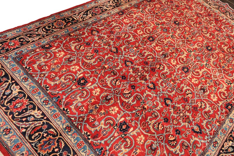 6'9"x10 Hand Knotted Wool Red Midnight Blue Kashmaar Vintage Vegetable dyes Rug gallery