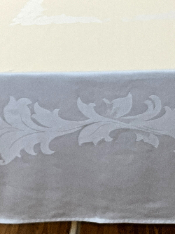 Tablecloth 64” square White Baroque Damask , Restaurant, wedding, communion gallery