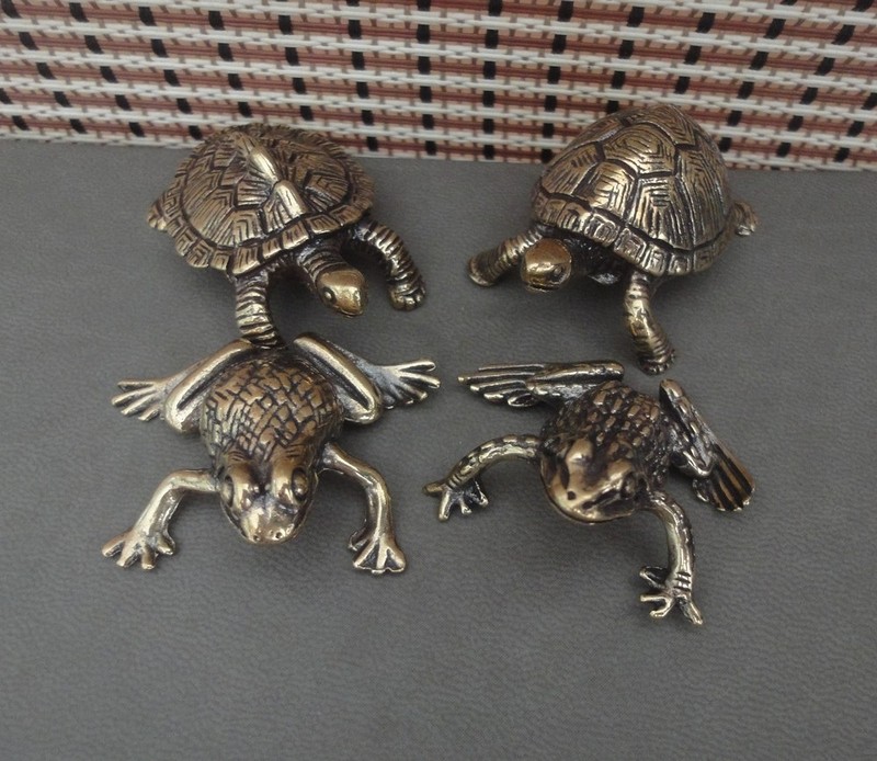 2 Pairs Solid Brass Turtles and Frogs Figurines Vintage Styles Couple Statues gallery