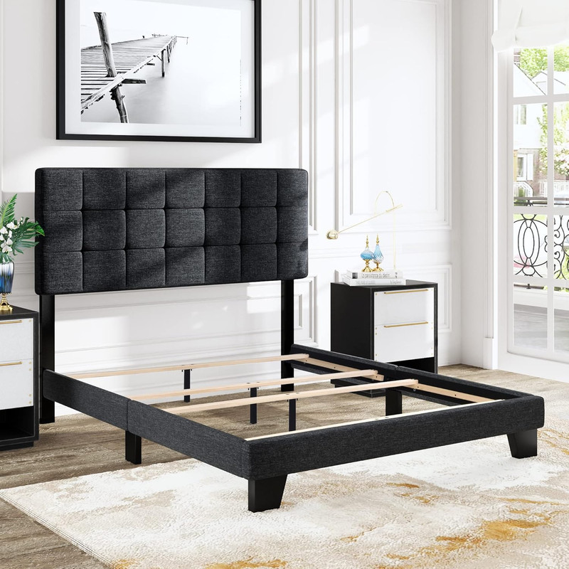 Stylish Queen Size Panel Bed Frame with Adjustable Dark Grey Upholstered Headboa gallery