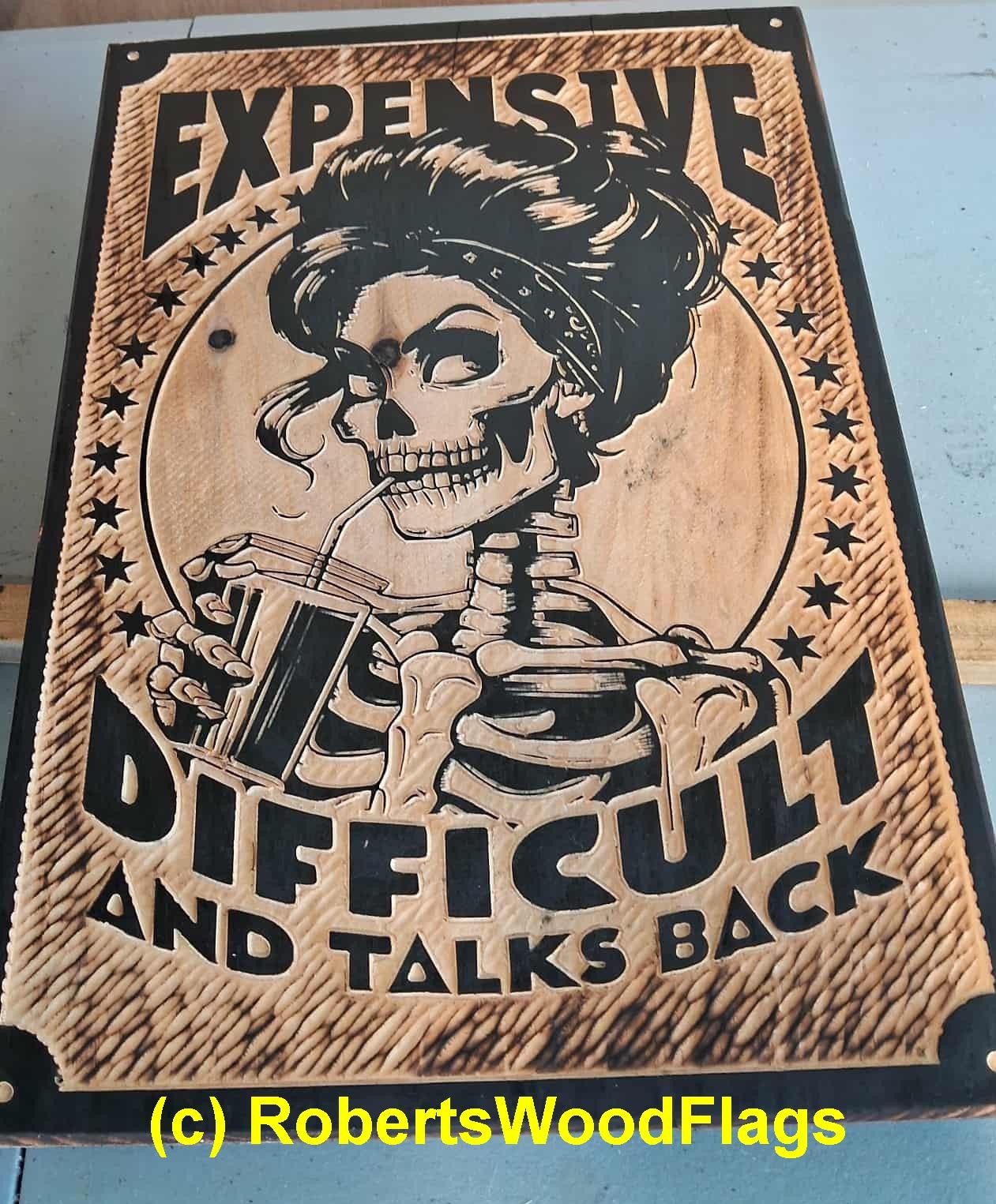 Difficult & Talks Back Engraved Wood Sign 11.25x18x.75 Inch gallery