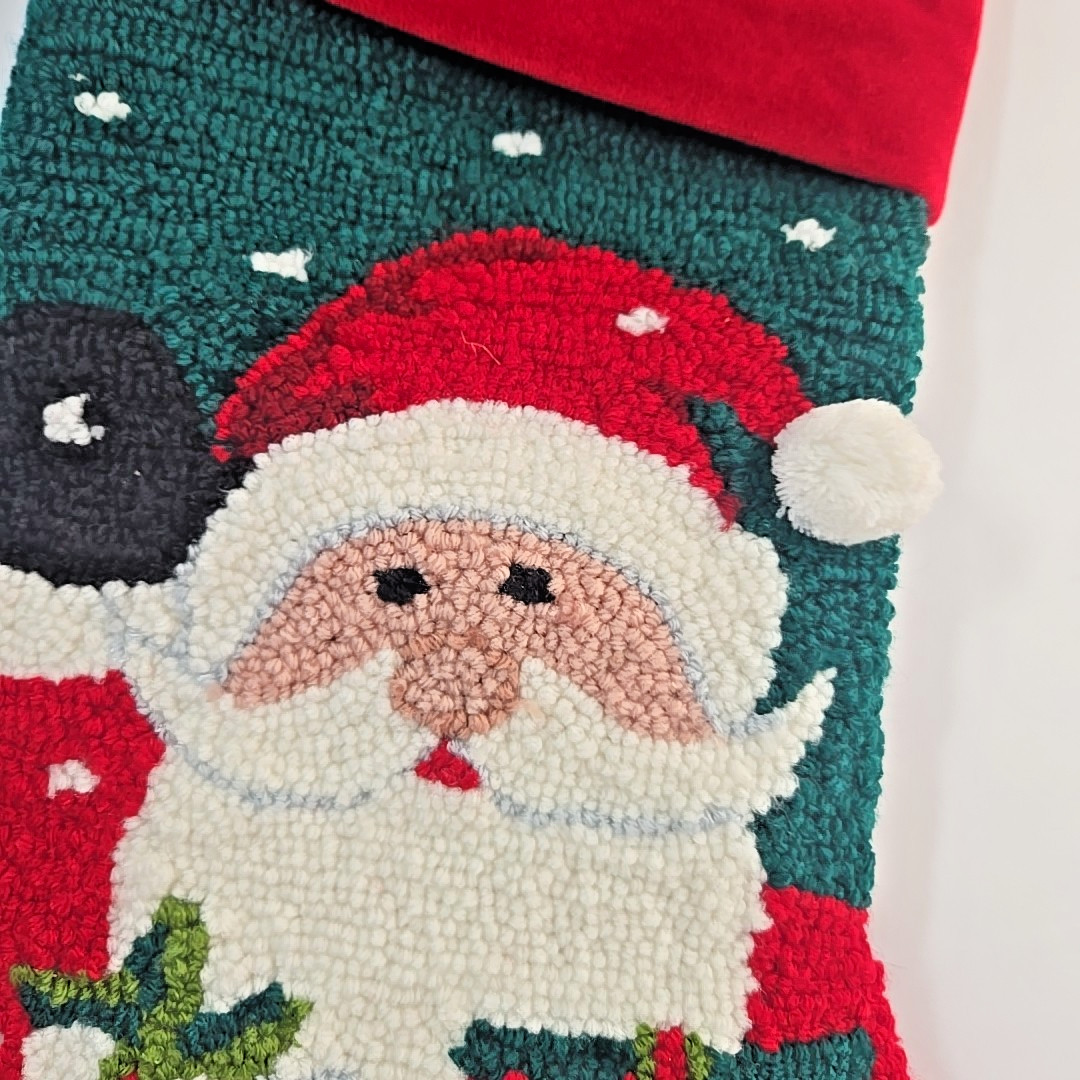 Christmas Stocking Punch Needle Santa Red Velvet Back Needlepoint 18" gallery